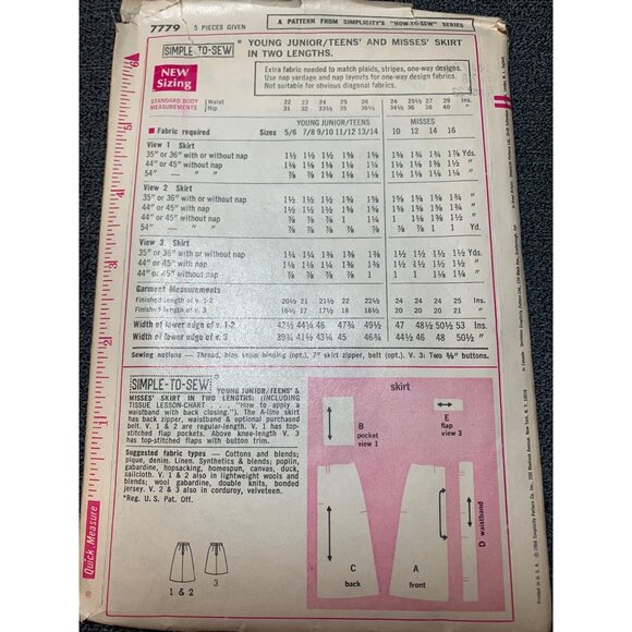 Simplicity 7779 How To Sew Junior Teen Skirt Pattern Size 7/8 1950s Vintage - Picture 2 of 2